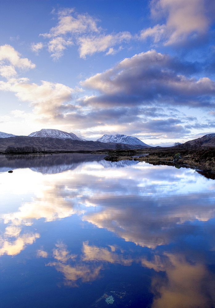 Dawn view of Loch Ba reflecting the sky and distant snow-capped mountains, Rannoch Moor, Highland, Scotland, United Kingdom, Europe