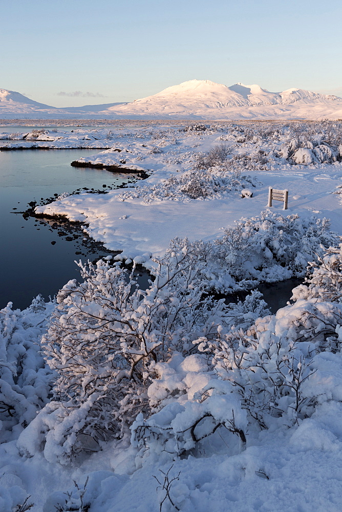 View towards Pingvallavatn Lake on a clear winter's afternoon with the shore and distant mountains covered in snow, Pingvellir National Park, UNESCO World Heritage Site, Southwest Iceland, Iceland, Polar Regions