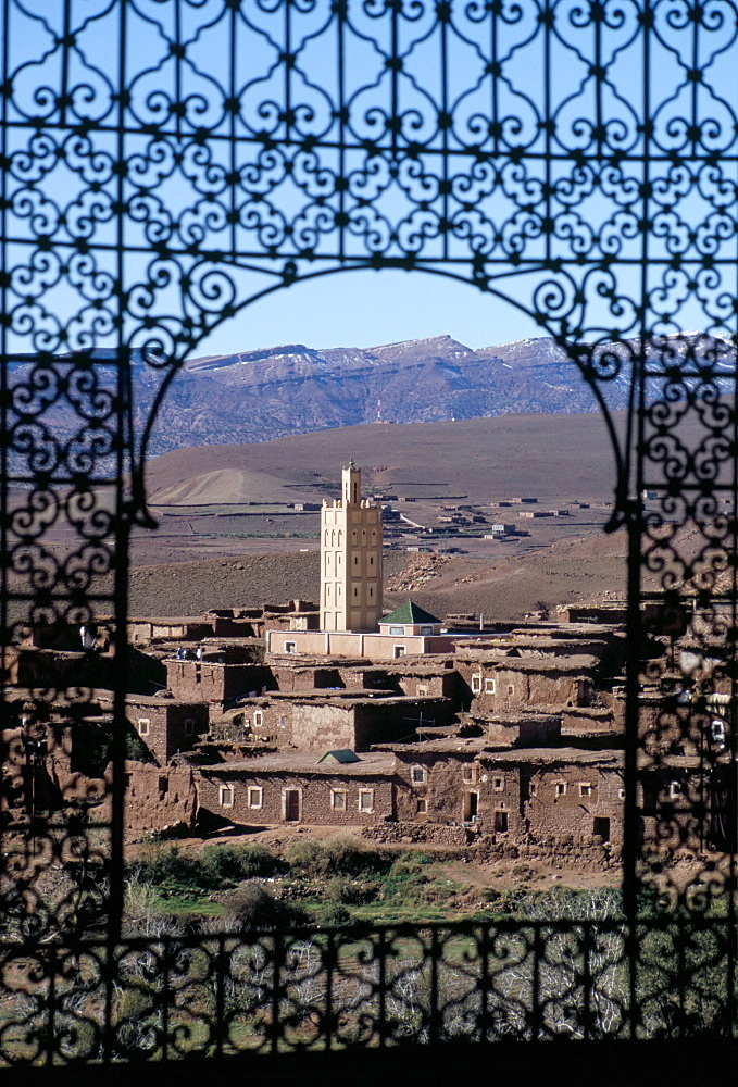 View of Telouet and High Atlas mountains from the Kasbah, Telouet, Morocco, North Africa, Africa