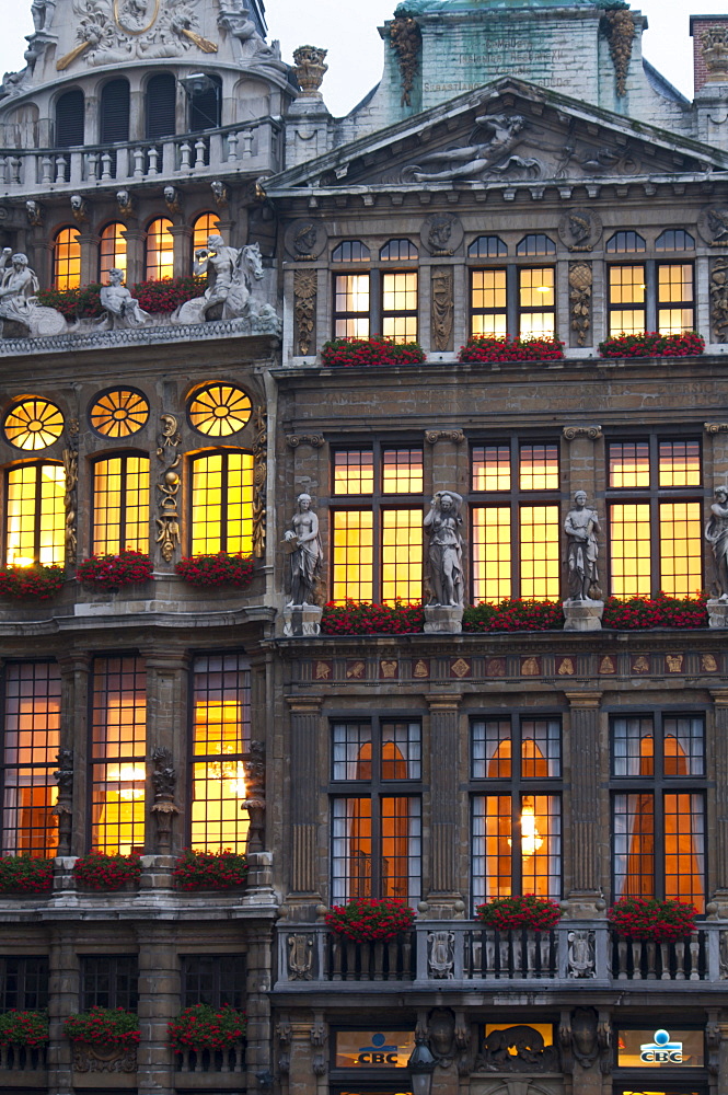 Grand Place building facade at dusk, UNESCO World Heritage Site, Brussels, Belgium, Europe