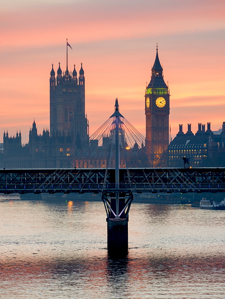 Big Ben with Hungerford Bridge at sunset, London, England, United Kingdom, Europe