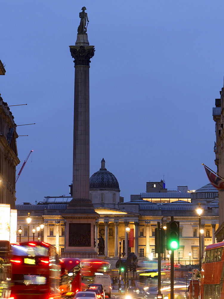 Nelson's Column and National Gallery at dusk, Trafalgar Square, London, England United Kingdom, Europe 