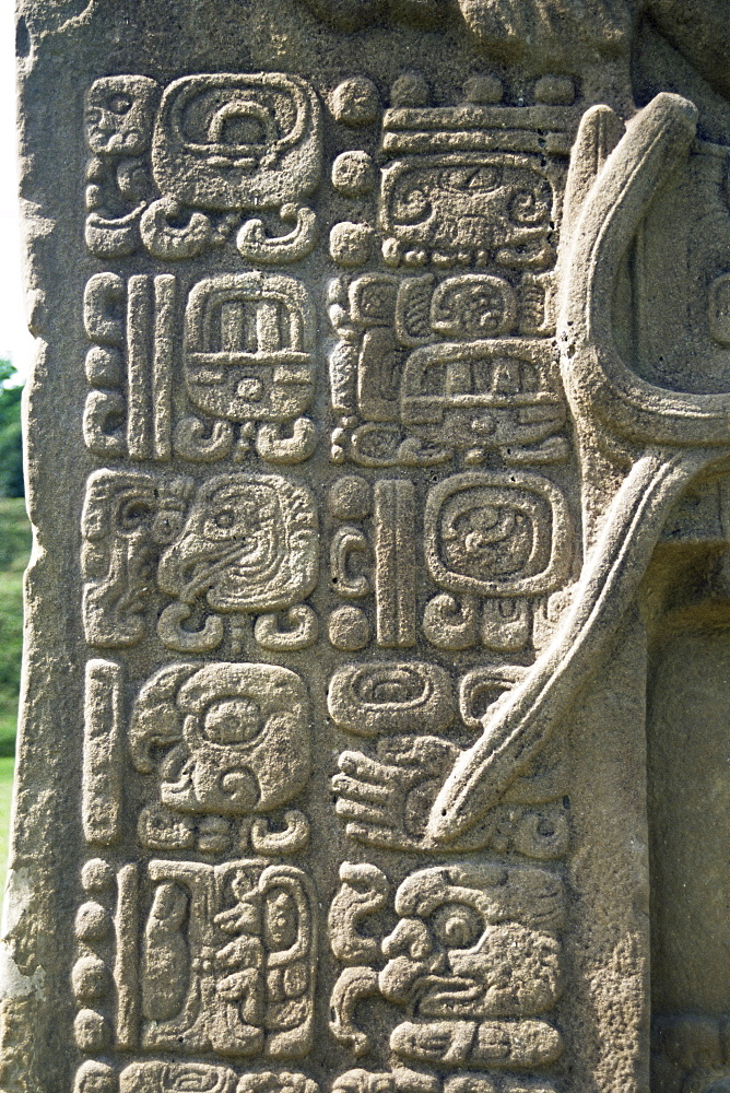 Mayan stela J, dating from 756 AD, Quirigua, UNESCO World Heritage Site, Guatemala, Central America