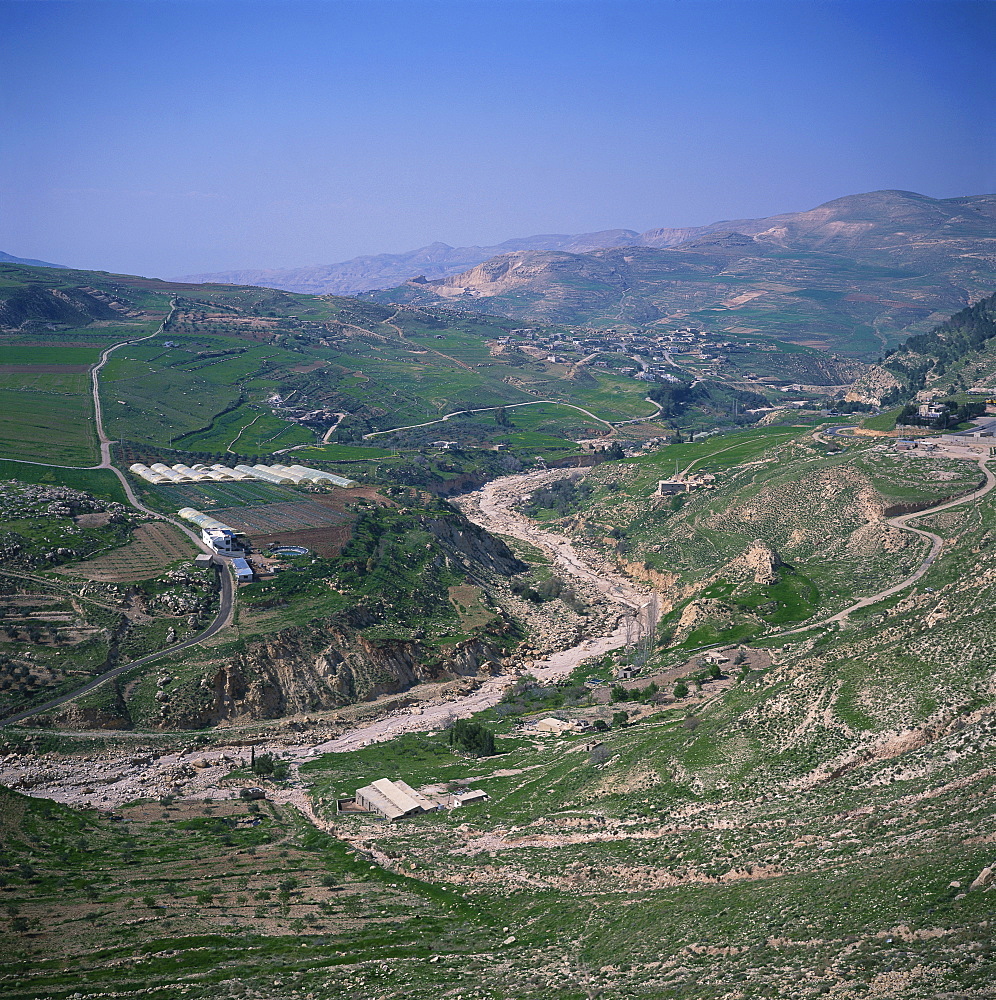 The biblical land of Moab, viewed from the 12th century Crusader castle at Kerak, Jordan, Middle East