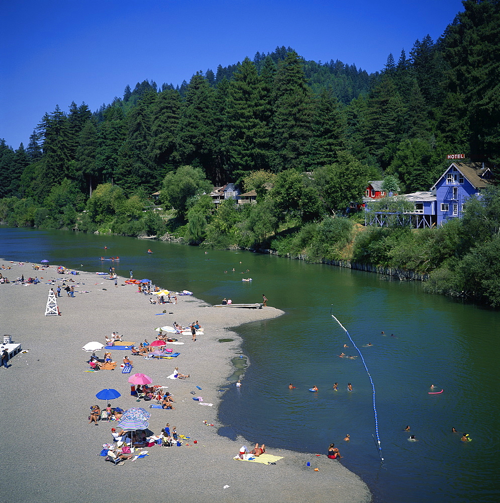 Aerial view over people swimmingng in the Russian River at Monte Rio, a popular recreational and camping area, Sonoma County, California, United States of America, North America