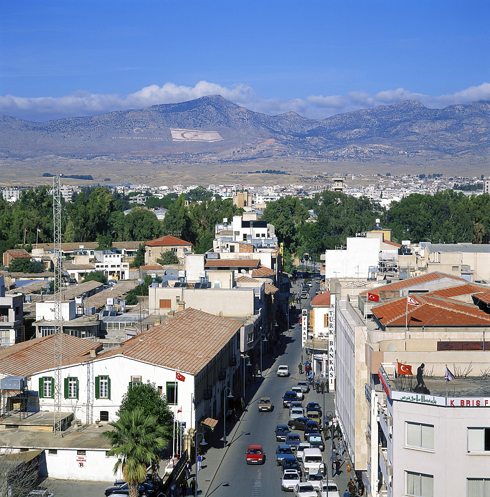 Street and rooftops of Turkish Cypriot North Nicosia with Kyrenia mountains in distance, taken from Saray Hotel, Nicosia, North Cyprus, Europe