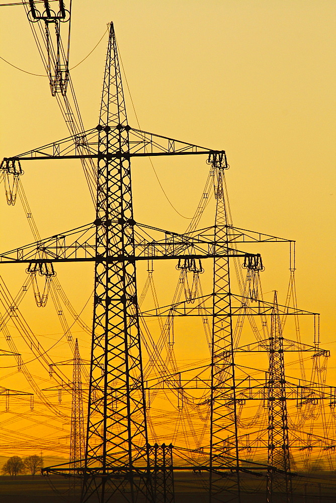 Power lines in morning light, Germany, Europe