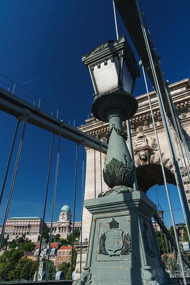 Royal Palace through the girders of the Chain Bridge, UNESCO World Heritage Site, Budapest, Hungary, Europe