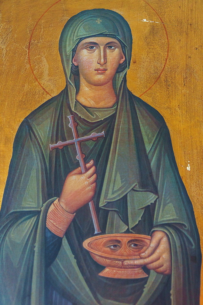 Portrait of St. Lucy, lived 283-304 AD, interior of Agios Georgios Church, Heronissos, Sifnos, Cyclades, Greek Islands, Greece, Europe