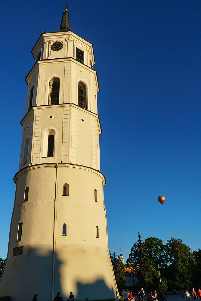 Cathedral Belfry with hot air balloon, Cathedral Square, Vilnius, Lithuania, Europe