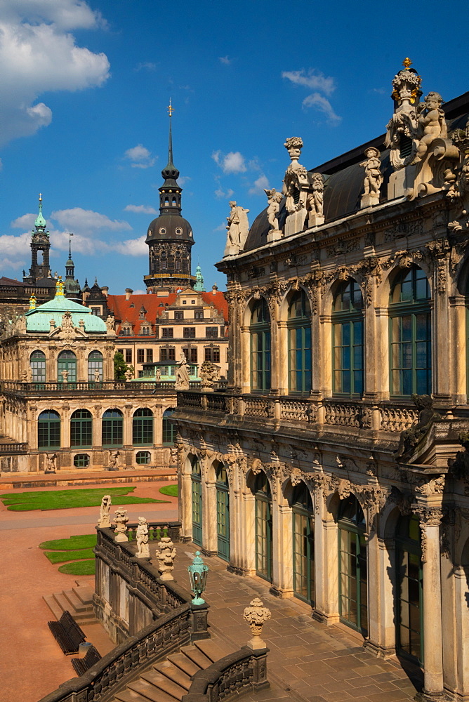 Internal courtyard of Zwinger Palace, completely rebuilt after World War 2 bombings, Dresden, Saxony, Germany, Europe