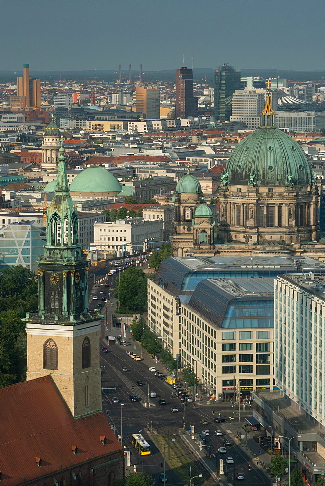 Aerial cityscape with Berliner Dom in centre seen from Alexanderplatz, in morning light, Berlin, Germany, Europe