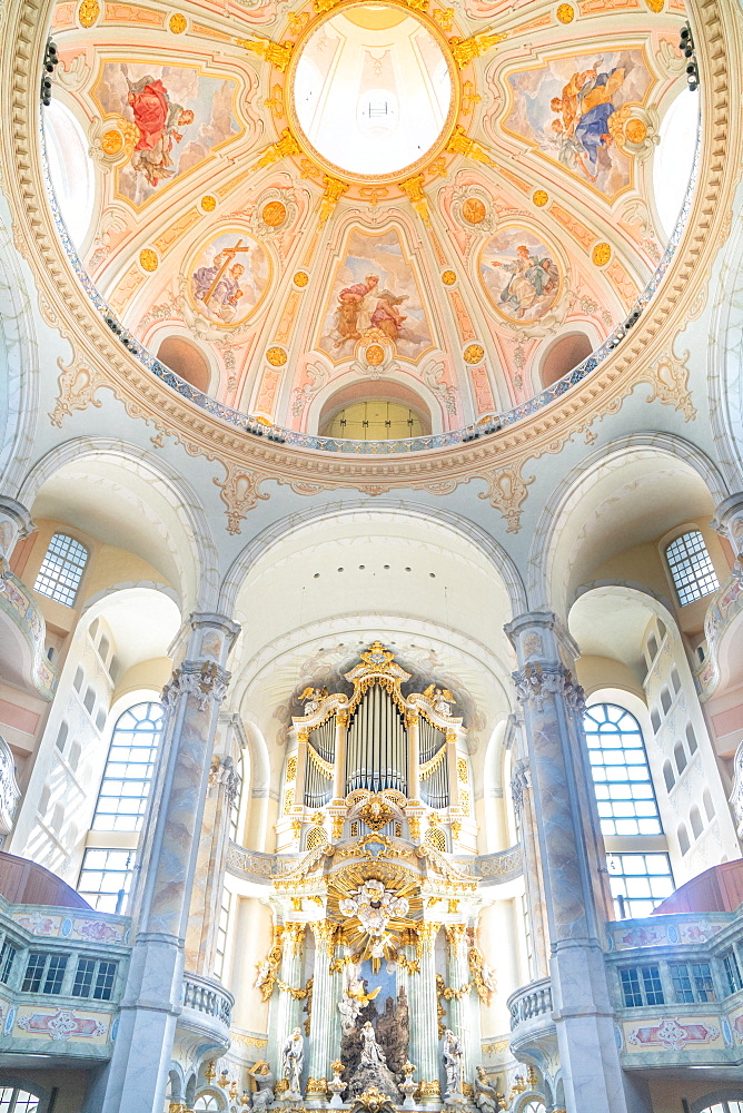 Interior of Lutheran Frauenkirche originally built in 1734 but completely destroyed and rebuilt after WW2 bombings, Dresden, Saxony, Germany, Europe