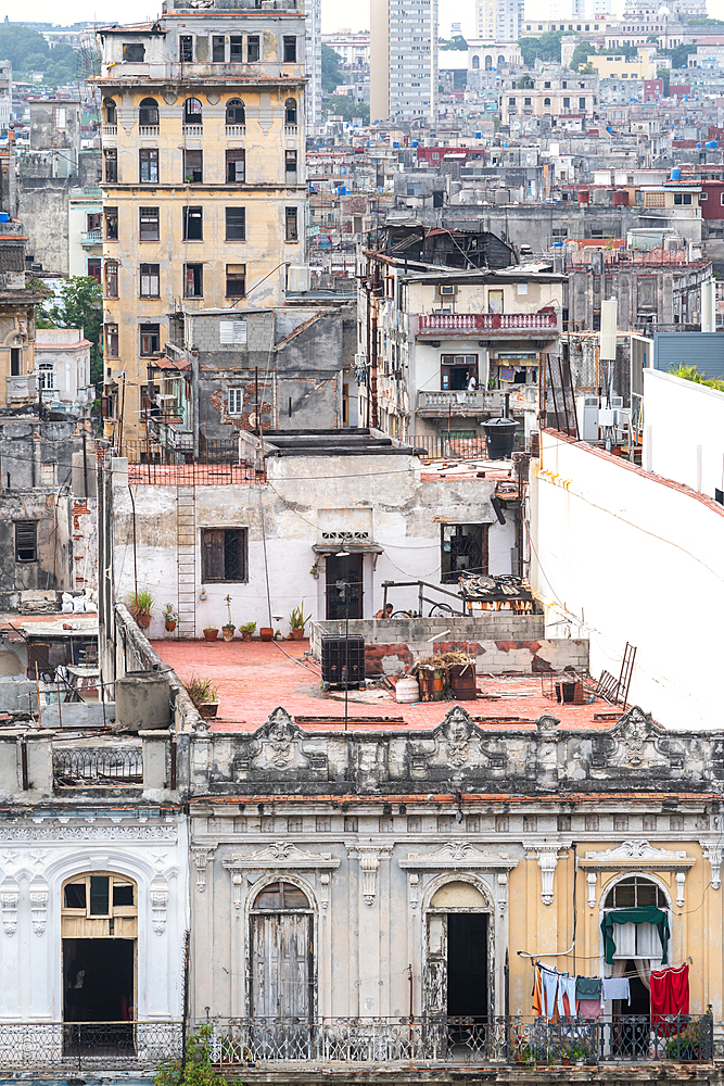 Aerial view of the dividing streets between Modern and Old Havana, with crumbling houses in foreground, Cuba