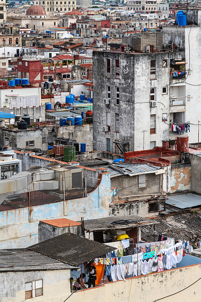 Aerial view across Old Havana with washing out to dry in foreground, Havana, Cuba 2