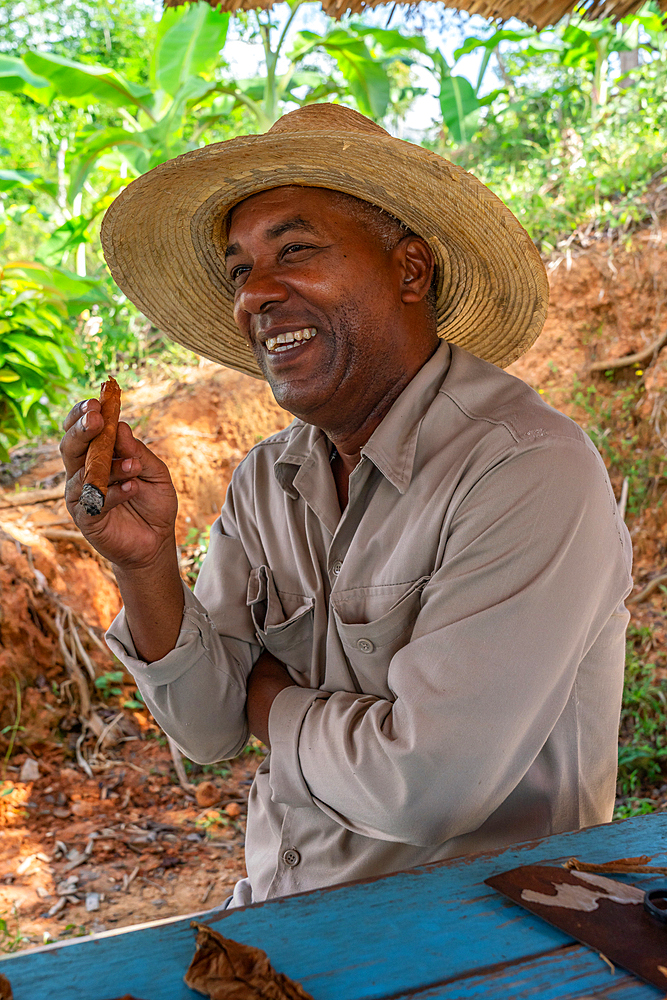 Tobacco plantation worker in straw hat, savouring cigar he just made, Vinales, Cuba (Model Release) 3