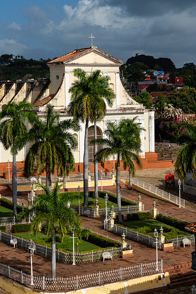 Aerial view of Cathedral and main square, with horsedrawn carriage, Trinidad, Cuba 1