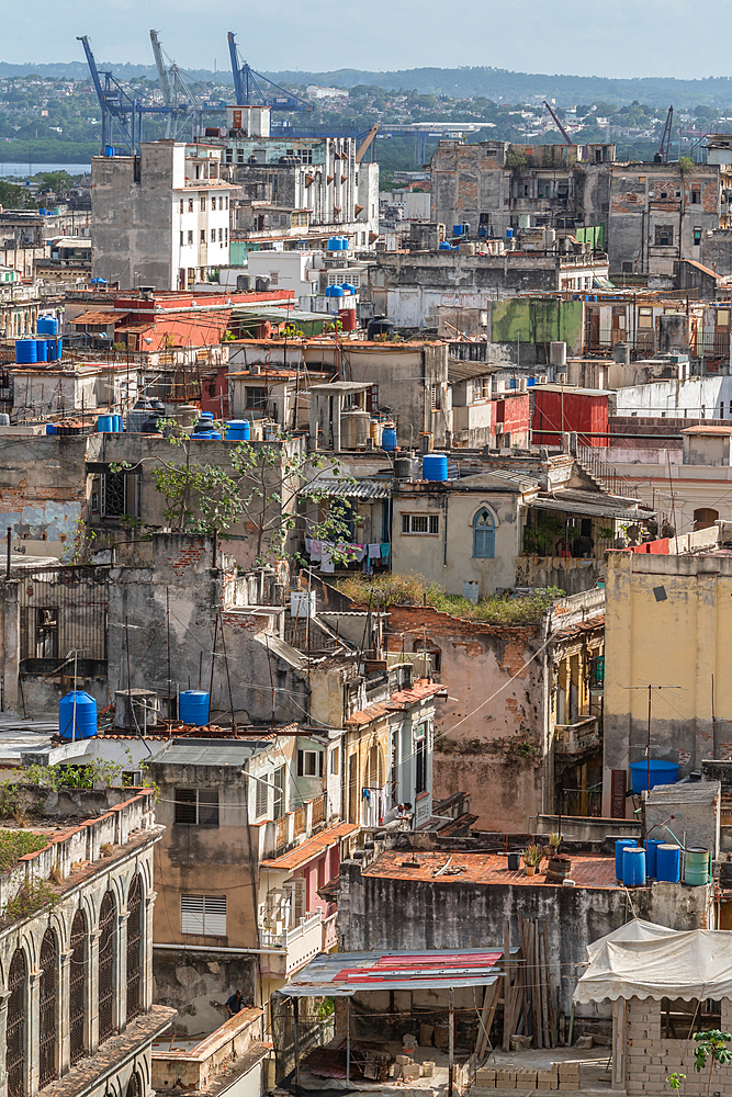 Aerial view across Old Havana with dock cranes in background, Havana, Cuba