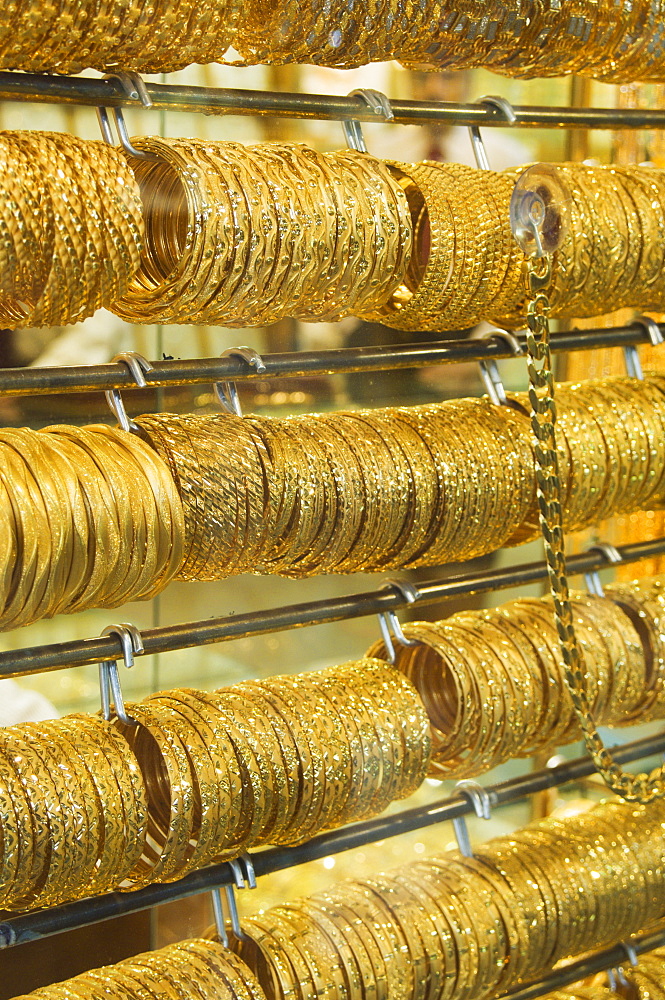 Gold bangles in the Gold Souk, Deira, Dubai, United Arab Emirates, Middle East