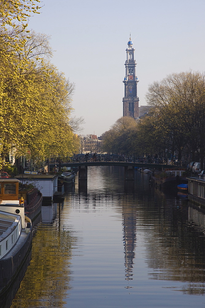 Westerkerk and the Prinsengracht canal, Amsterdam, Netherlands, Europe