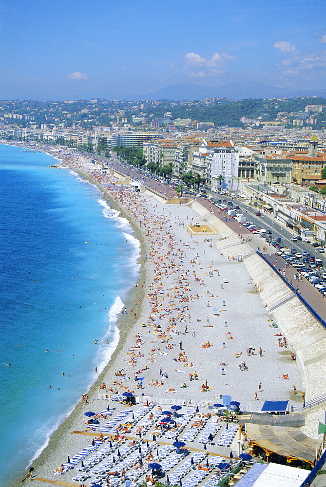 View over the beach and Nice, Cote d'Azur, Alpes-Maritimes, Provence, France, Europe