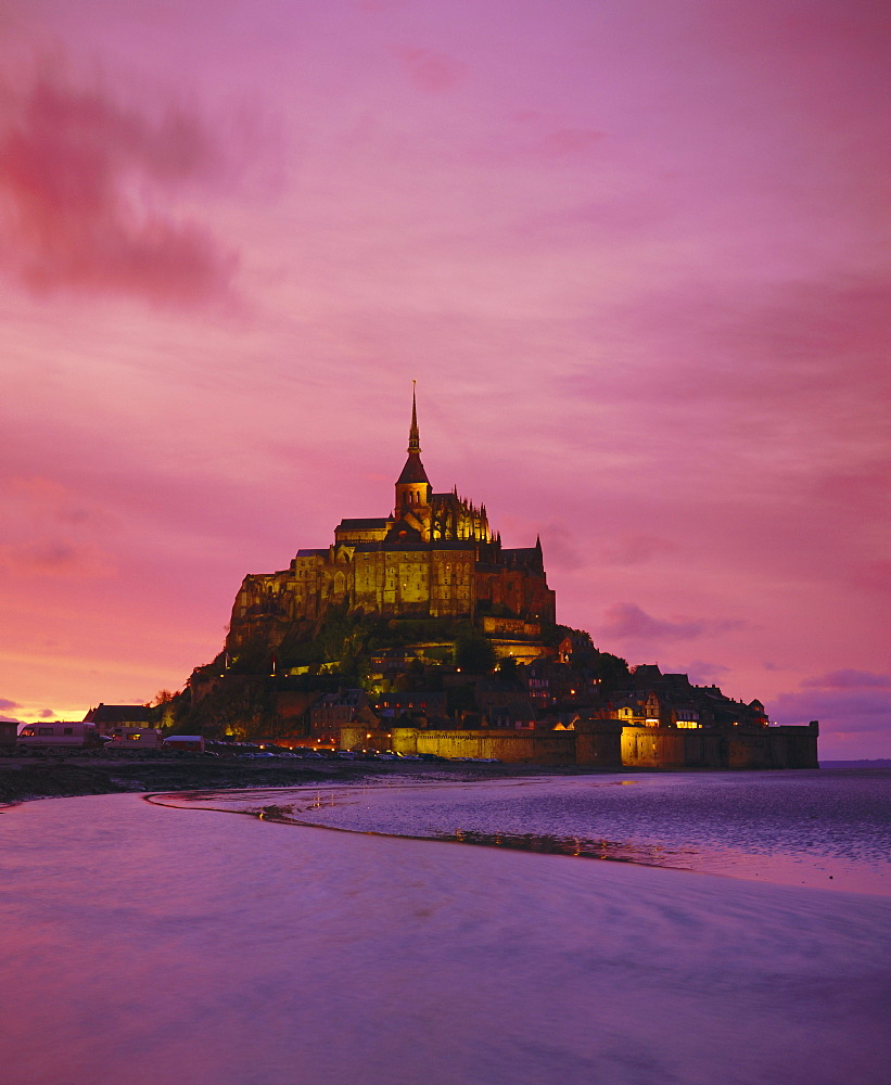 Mont Saint-Michel (Mont St. Michel) at sunset, La Manche region, Normandy, France, Europe