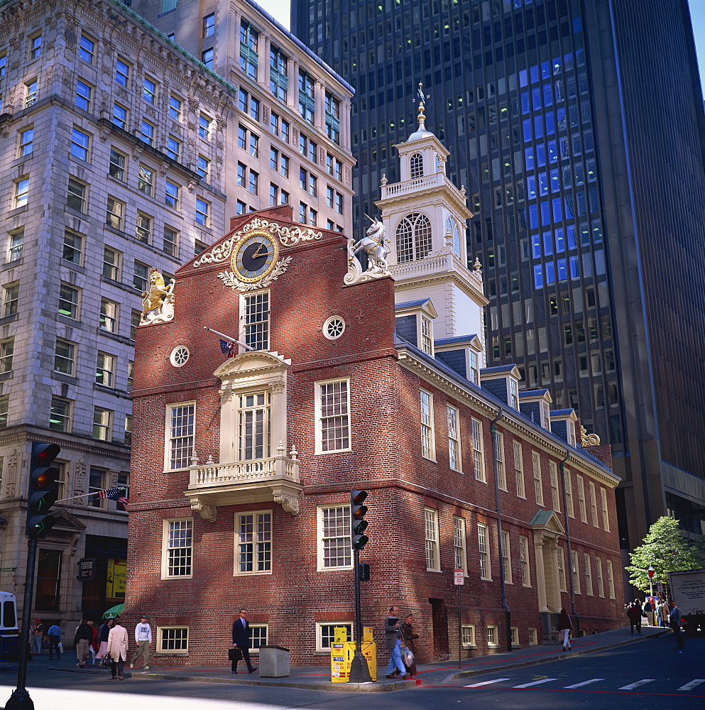 The red brick Old State House, with its white tower, with office buildings in the background, Boston, Massachusetts, New England, United States of America, North America