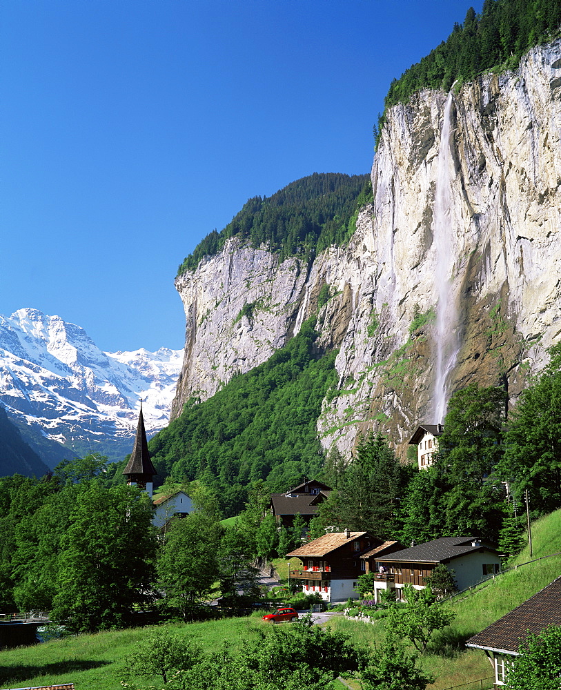 Lauterbrunnen and Staubbach Falls, Jungfrau region, Switzerland, Europe