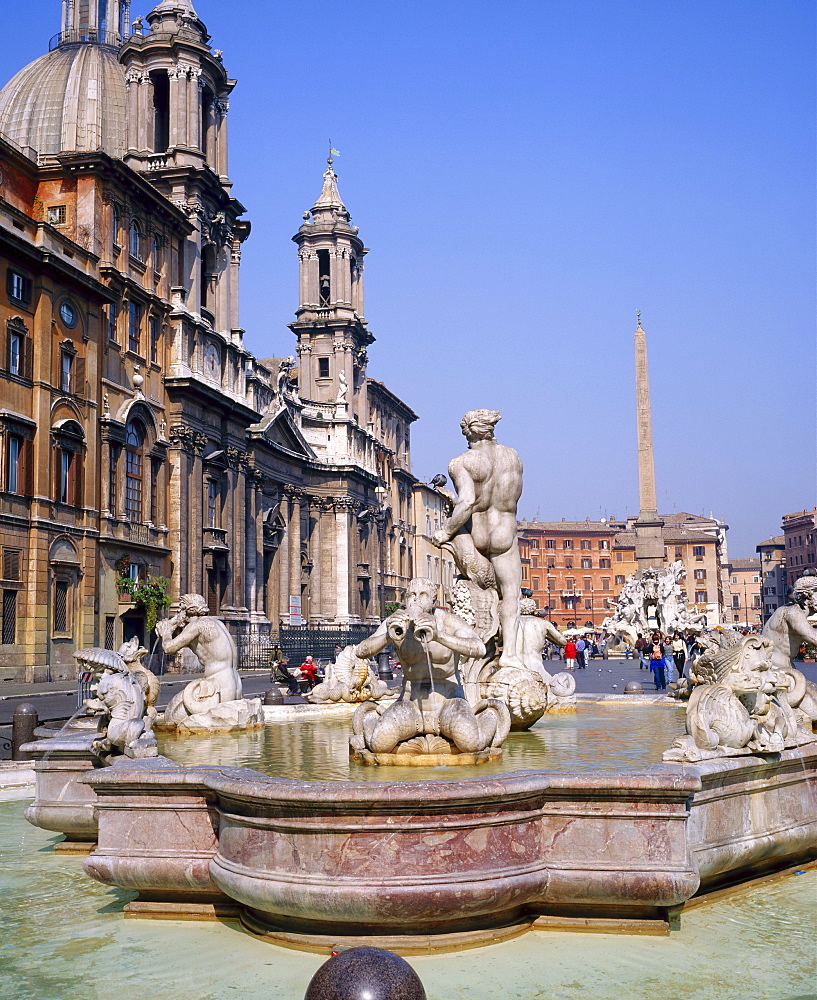 Fountain and obelisk in the Piazza Navona in Rome, Lazio, Italy 