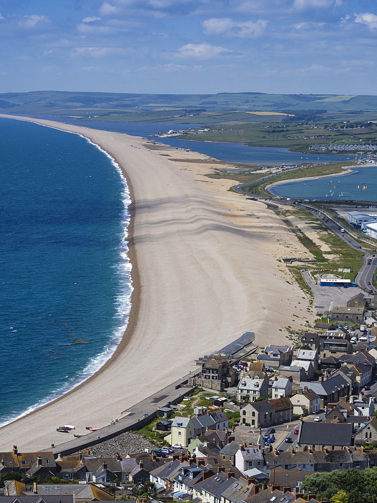 Chesil Beach and the Fleet Lagoon from Portland, Jurassic Coast, UNESCO World Heritage Site, Weymouth, Dorset, England, United Kingdom, Europe