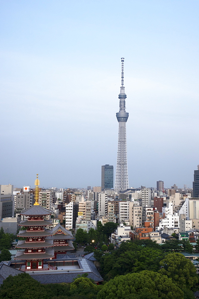 View over city with Tokyo Skytree and Five-Storied Pagoda, Tokyo, Japan, Asia