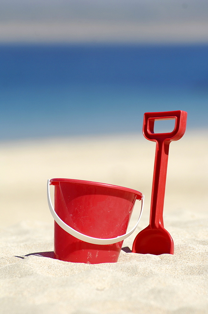 Bucket and spade on the beach, St. Ives, Cornwall, England, United Kingdom, Europe