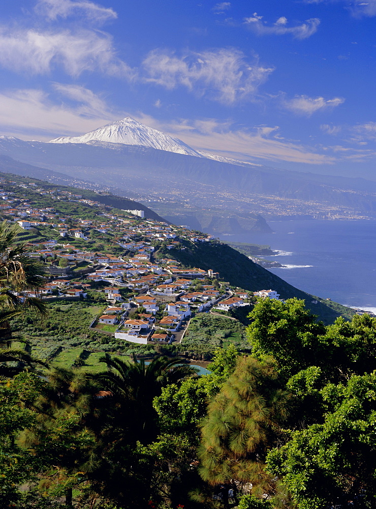 Aerial view including Mount Teide and Atlantic coast, Tenerife, Canary Islands, Atlantic, Spain, Europe