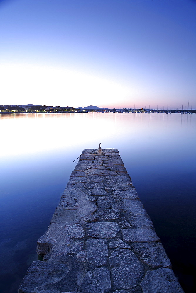 Stone jetty at dusk, Porto Colom, Majorca, Balearic Islands, Spain, Mediterranean, Europe