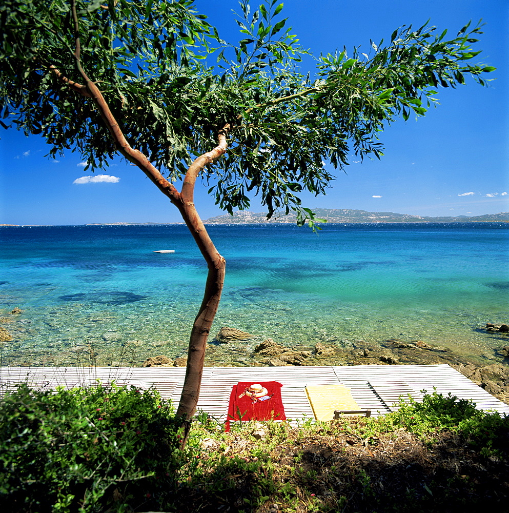 Wooden bathing deck, near Palau, Capo D'Orso, north of island, Sardinia, Italy, Mediterranean, Europe