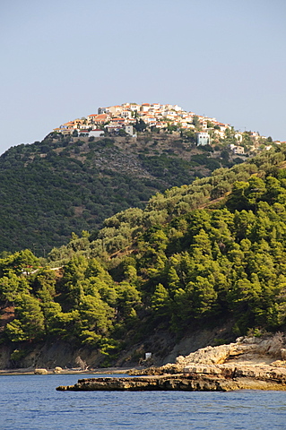 Old Alonissos on hill, Alonissos, Sporades Islands, Greek Islands, Greece, Europe