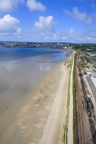 Aerial shot of railway line near Penzance, Cornwall, United Kingdom, Europe