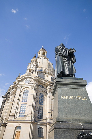 Frauenkirche (Church of Our Lady) with statue of Martin Luther, Dresden, Saxony, Germany, Europe