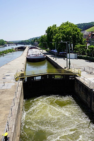 Ship in lock on River Main, Wurzburg, Bavaria, Germany, Europe