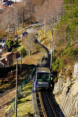 Floibanen funicular railway with view of Bergen from Mount Floyen, Bergen, Hordaland, Norway, Scandinavia, Europe