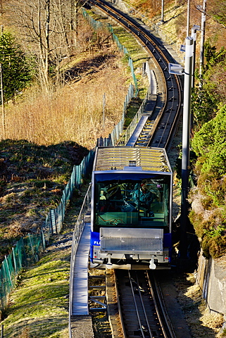 Floibanen funicular railway with view of Bergen from Mount Floyen, Bergen, Hordaland, Norway, Scandinavia, Europe