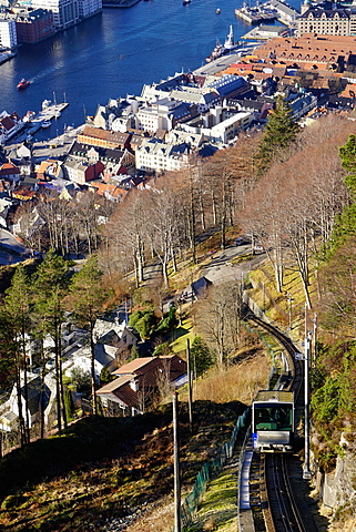 Floibanen funicular railway with view of Bergen from Mount Floyen, Bergen, Hordaland, Norway, Scandinavia, Europe