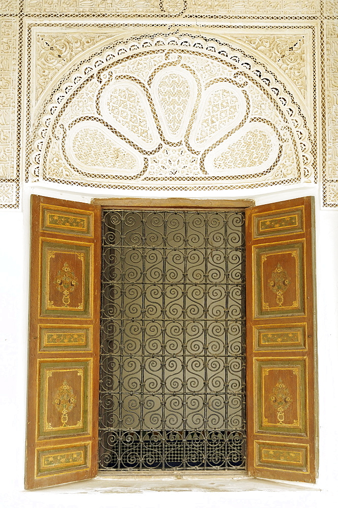 Engraved wood decor in Alaouite palace of Dar Si Said, now the Museum of Moroccan Art, Marrakesh, Morocco, North Africa, Africa