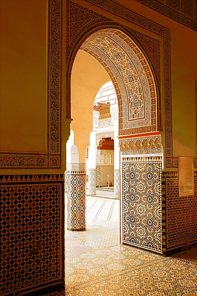 Large patio columns with azulejos decor, Islamo-Andalucian art, Marrakech Museum, Marrakech, Morocco, North Africa, Africa