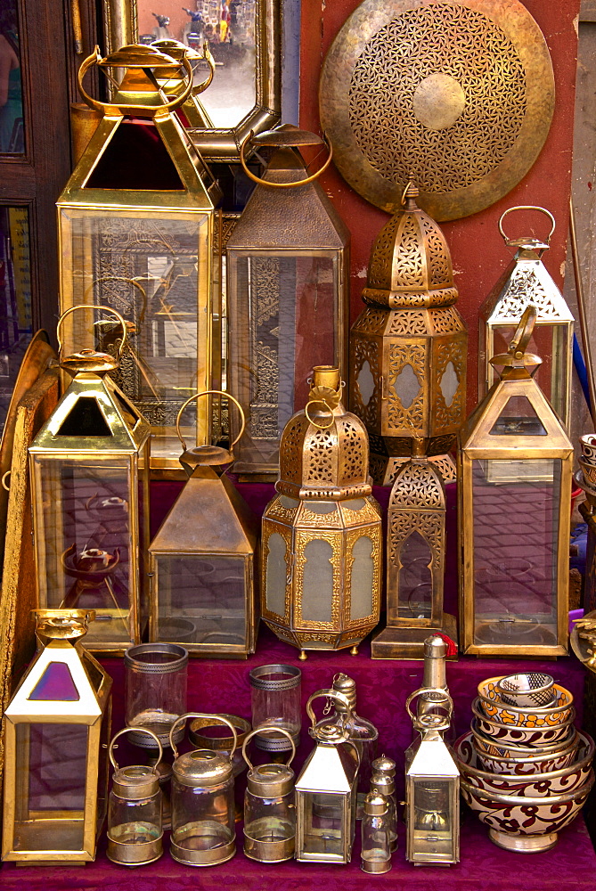 Brass and copper lanterns for sale in the street of the Medina,  Marrakech, Morocco, North Africa