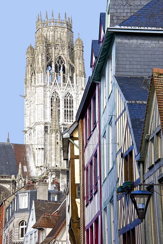 Detail of Central Tower of Saint Maclou church dating from the 15th century, and half timbered houses, Rouen, Upper Normandy, France, Europe