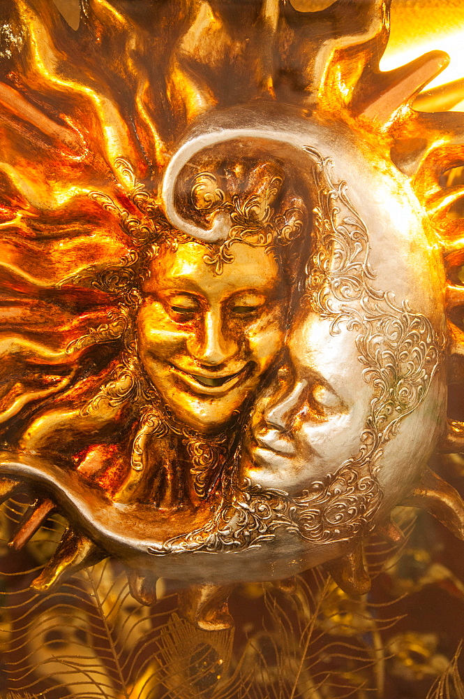 Moon and Sun carnival mask decorations, Venice, Veneto, Italy, Europe