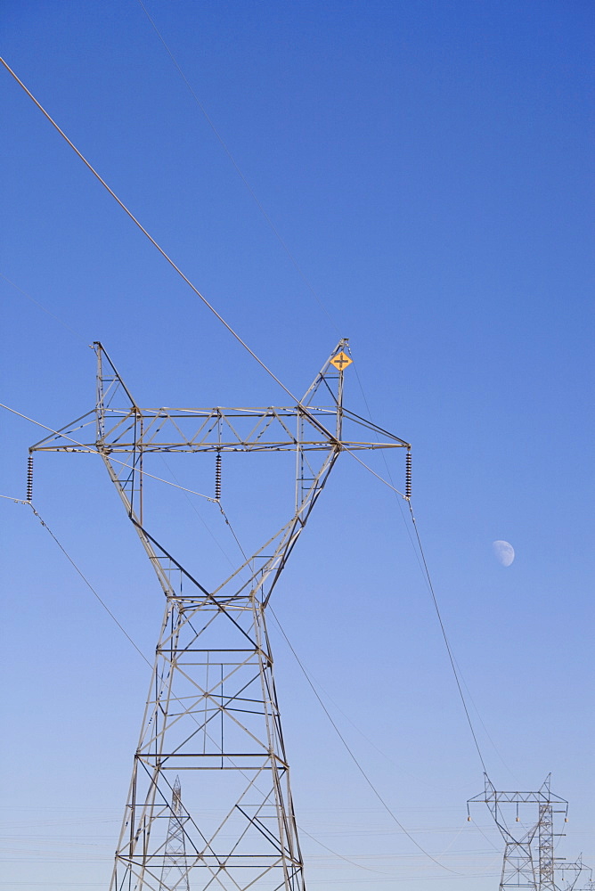 Pylons and moon, Navajo Generating Station, near Lake Powell and Antelope Canyon, Arizona, United States of America, North America