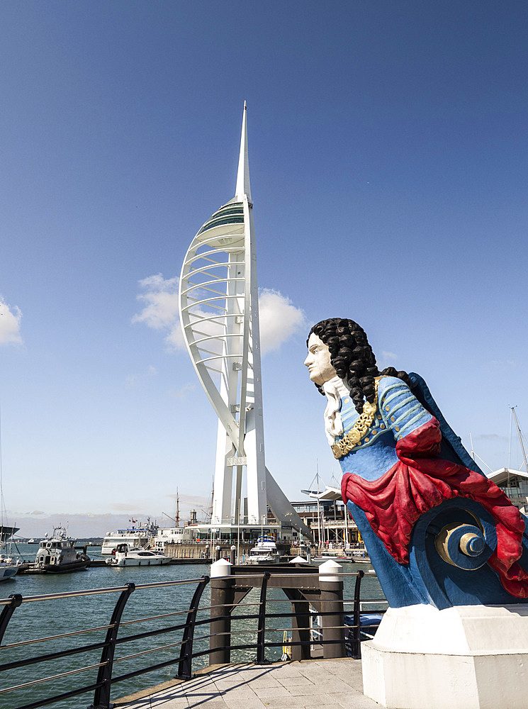 Figurehead of HMS Marlborough and Spinnaker Tower, Gunwharf Quays, Portsmouth, Hampshire, England, United Kingdom, Europe