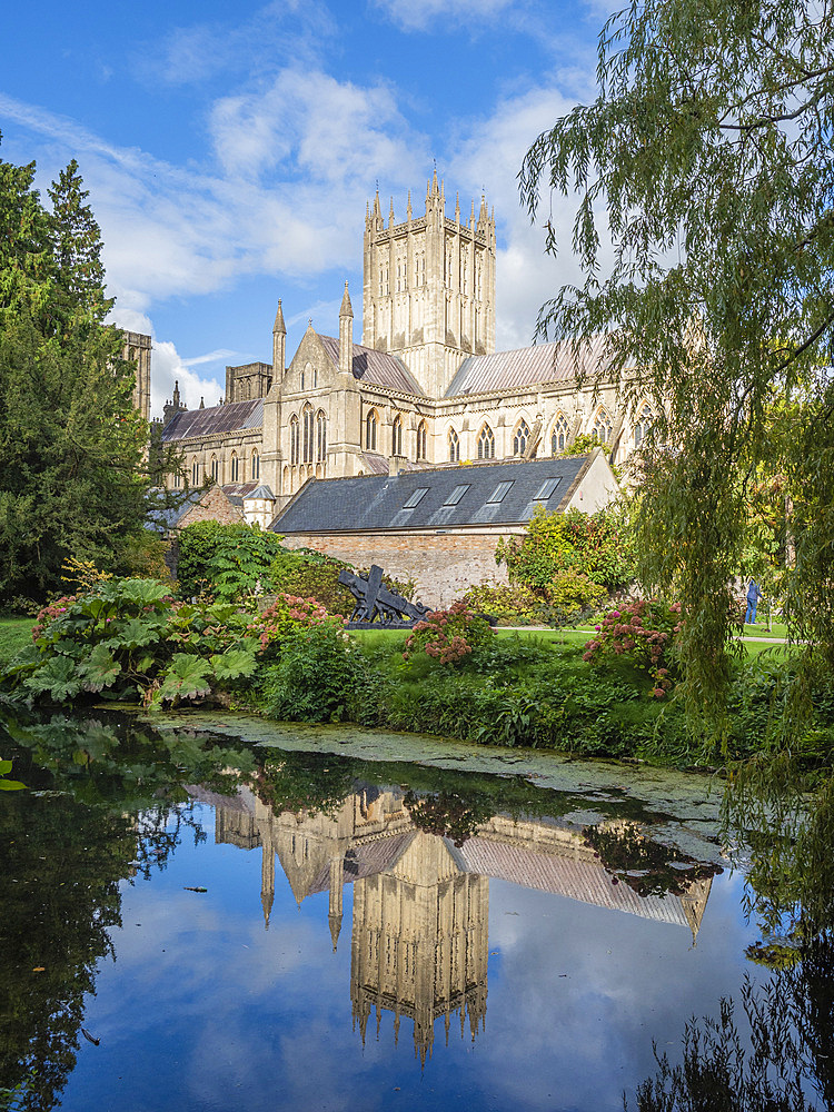 Reflection of the Cathedral in the Moat, The Bishop's Palace, Wells, Somerset, England, United Kingdom, Europe